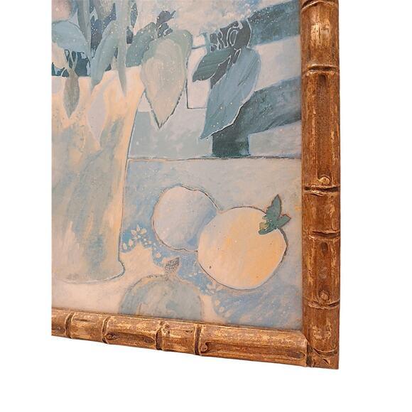 1950s Watercolor Painting Abstract Lt Blue Floral Wood Bamboo Frame Hollywood Regency For Sale - Image 4 of 14