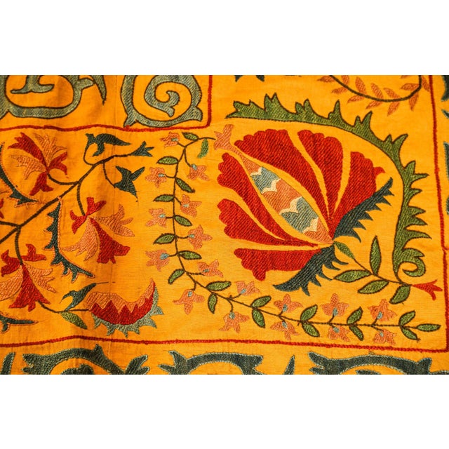 Mid 20th Century Large Vintage Embroidered Uzbek Suzani Yellow Blue Red For Sale - Image 5 of 12