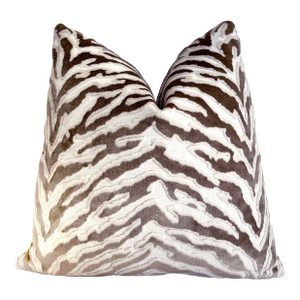 Taupe Cream Zebra 22x22 Velvet Throw Pillow With Feather Down Insert