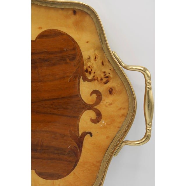 Mid 20th Century Mid Century Italian Marquetry Wooden Tray With Brass Handles For Sale - Image 5 of 9