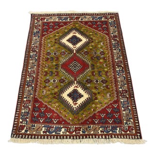 Vintage Tribal Rug 3’5” X 4’8” Green Wool Hand-Knotted Oriental Carpet For Sale