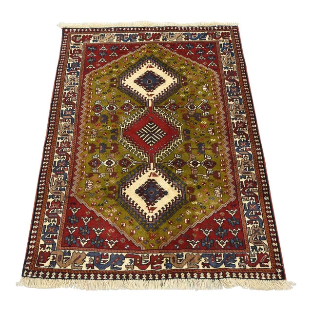 Yalameh Rug 3'5'' X 4'8'' Green Wool Vintage Tribal Hand-Knotted Oriental Carpet For Sale
