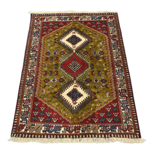 Yalameh Rug 3'5'' X 4'8'' Green Wool Vintage Tribal Hand-Knotted Oriental Carpet