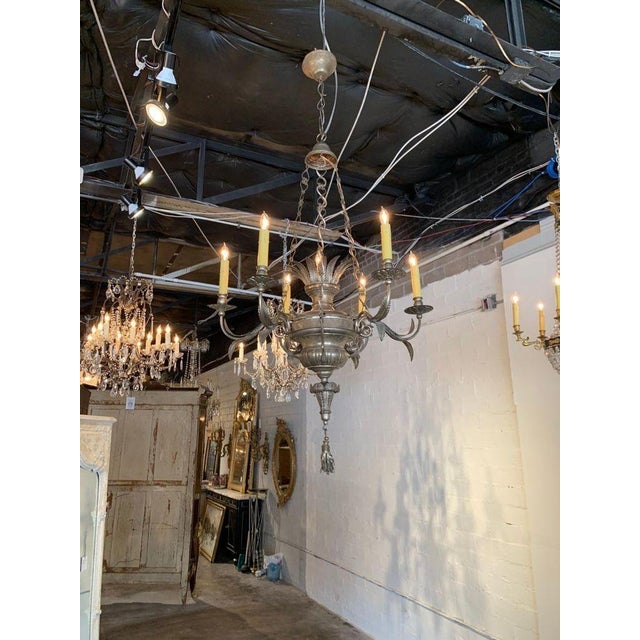 Very fine Italian antique 19th century silvered brass 6-light chandelier. Pretty details on the base and on the arms. A...
