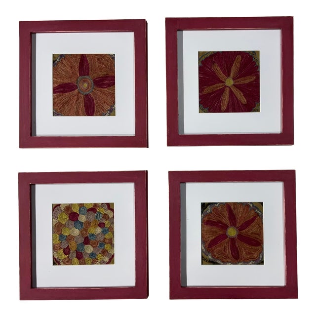 Set of Four 19 Century Antique Silk Suzani Wall Hanging For Sale