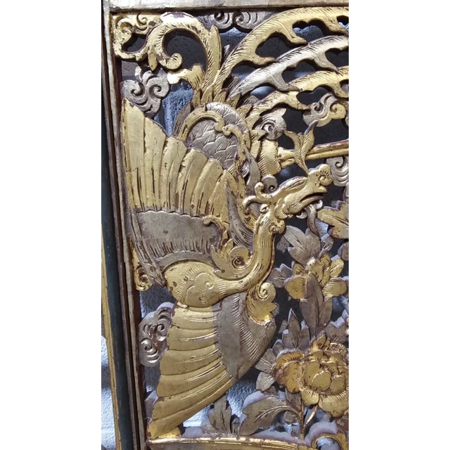 Late 19th Century Antique Hand Carved Gilt Chinese Figural Red Lacquered Wood Panel Green Accents For Sale In Cleveland - Image 6 of 12