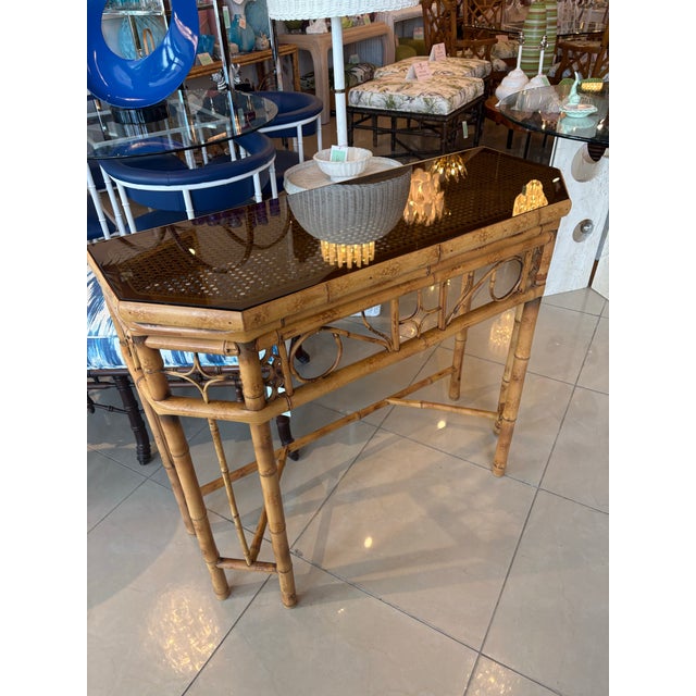 Vintage Brighton Style Rattan Woven Cane Tortoise Demi Lune Console Table For Sale - Image 12 of 12