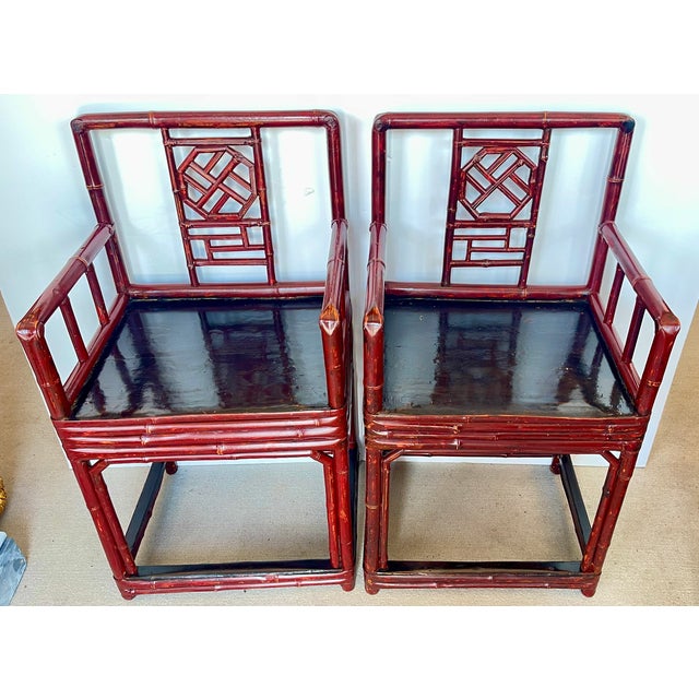 Antique Qing Dynasty Chinoiserie Fretwork Bamboo Rose Chairs a-Pair For Sale - Image 4 of 17