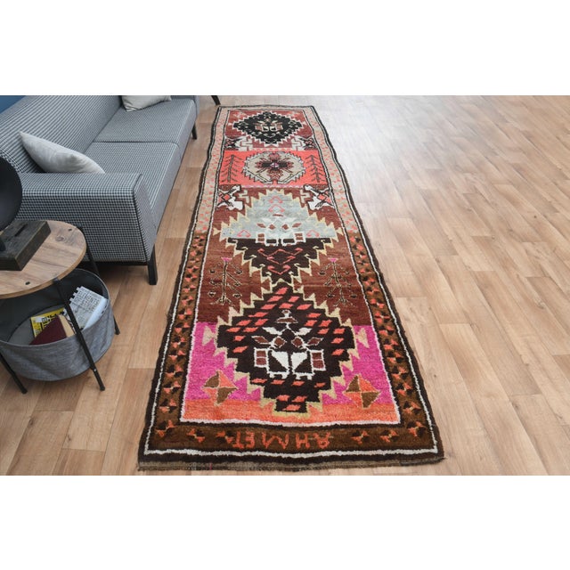 1970s Vintage Handmade Wool Cotton Red Runner Rug For Sale In San Francisco - Image 6 of 11