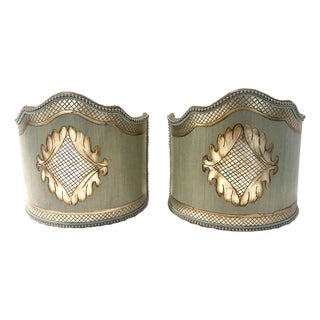 Traditional Baroque Blue and Silver Handpainted Lampshades for Wallsconces - A Pair For Sale