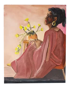 Portrait Painting of an Indian Woman in Pink With Floral Motif - 20.5" X 16"
