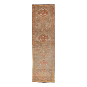 Vintage Turkish Oushak Runner With Tribal Medallions in Brown's, Yellow, and Red 2'11 X 10'11
