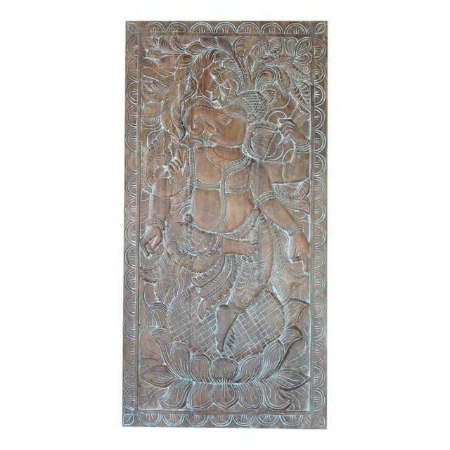 Vintage Dancing Ganesha Wall Art – Indian Temple Decor & Carved Wall Hanging 72x36 For Sale