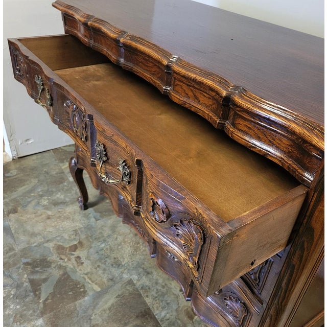Brown Early 20th C French Louis XV Provincial Carved Oak Arbalète Commode or Chest of Drawers For Sale - Image 8 of 13