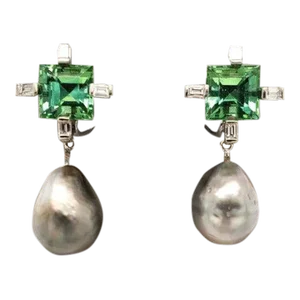 Pair of Square Afghan Tourmalines Earrings With Diamond Baguettes. Tahitian Pearl Drop. 18k White Gold
