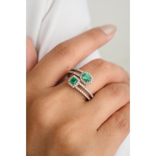 Art Nouveau Two Stone Emerald & Chunky Diamonds Bypass Ring Size 6.5 For Sale - Image 3 of 12