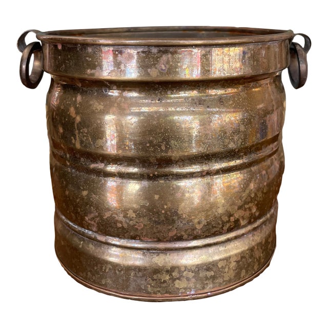 Possibly Antique Brass Toned Decorative Bucket With Side Handles - Vintage Container Possibly Planter For Sale