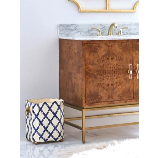 Traditional Matthew Izzo Home Wastebasket - Handpainted Blue Bamboo Square Scalloped Edge Regency With Goldtone Lionhead Handles For Sale - Image 3 of 3