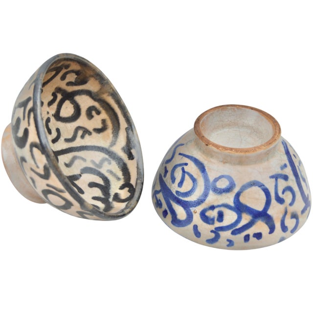 Blue Antique Moroccan Blue & Black Calligraphy Ceramic Bowls - 2 Pieces For Sale - Image 8 of 9