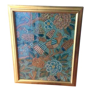 Large Hand-Embroidered Crewel Work Art Depicting Botanicals and Bird in Custom Gold Frame For Sale