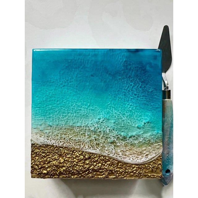 Abstract My Secret Wish by Ana Hefco | Mixed Media on wood panel Abstract ocean scene with textured waves. For Sale - Image 3 of 5