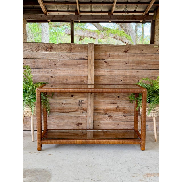 Modern Coastal Rattan Wrapped Two-Tier Console Table With Glass Shelves For Sale - Image 12 of 12