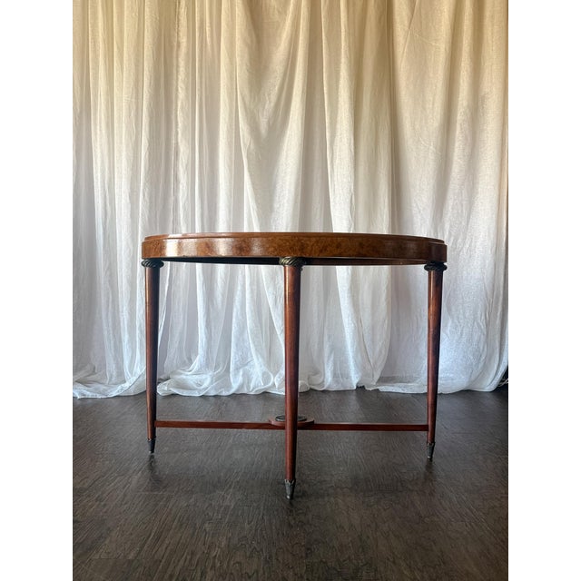 English Late 19th Century Burl Wood Oval Accent Table With Stretcher Base For Sale - Image 3 of 10