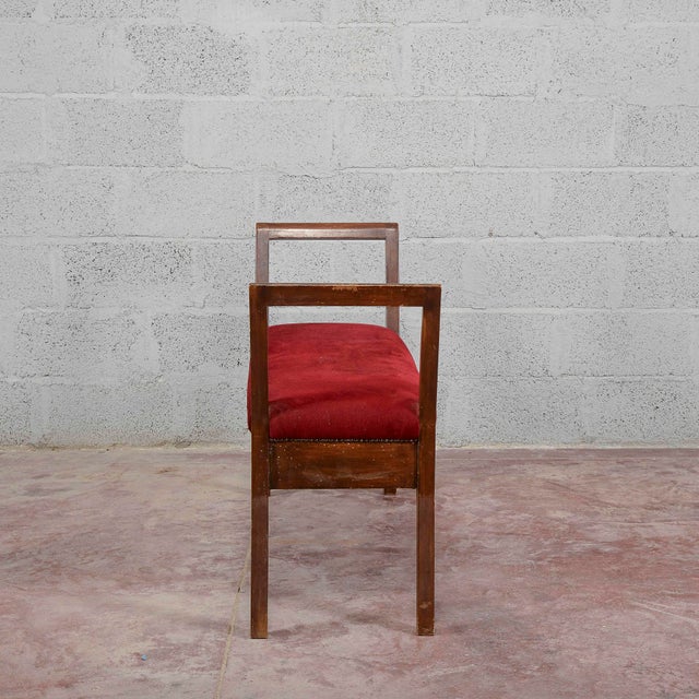 Small Wooden Bench Upholstered in Red Art Deco Velvet, 1940s For Sale - Image 6 of 18
