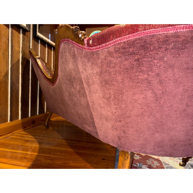 Wood Antique Victorian Carved Walnut Chaise Lounge “Fainting Couch” With Hand-Beaded Floral Upholstery For Sale - Image 7 of 8