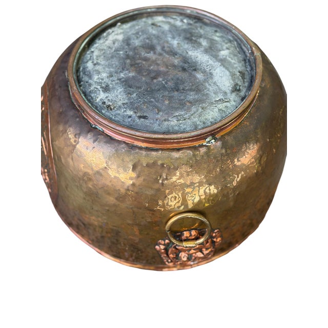 Large 14" Antique French Repoussé Copper Jardinière, 19th Century Alliance Coat of Arms Cachepot, Lion Head Handles, French Planter For Sale - Image 14 of 15