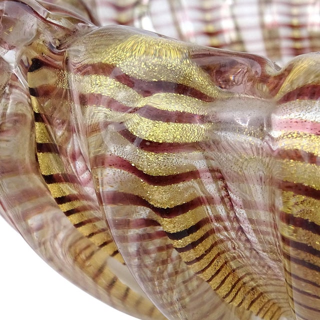 Barovier & Toso Murano Barovier Toso Vintage Purple Swirl Gold Flecks Italian Art Glass Decorative Ribbed Seashell Ashtray Bowl For Sale - Image 4 of 9