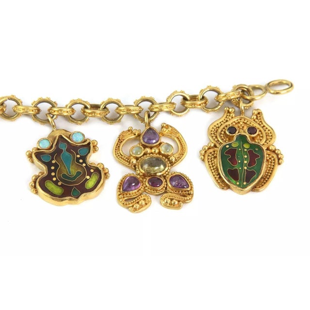 Rare Luna Felix Enamel & Gemstone 22k 18k Gold 7 Frog Charms Chain Bracelet For Sale In Miami - Image 6 of 9