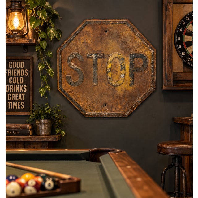 1930s Vintage American Embossed Yellow & Black Steel Stop Road Sign, 24-Inch For Sale - Image 5 of 8