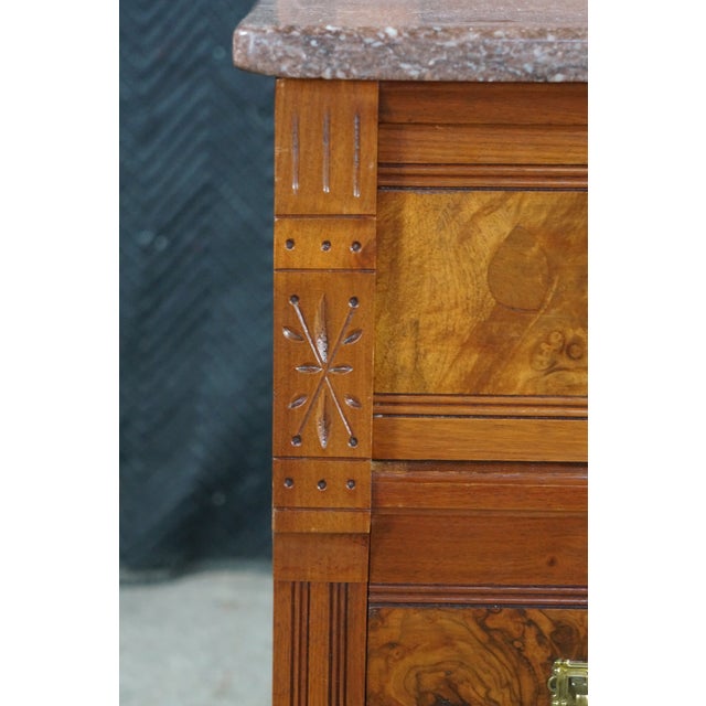 Brown Antique Victorian Eastlake Walnut Burl Marble Top Dresser & Mirror Vanity Chest For Sale - Image 8 of 15