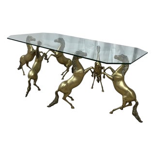Hollywood Regency Style Coffee Table with Patinated Brass Horses and Glass Top, 1970 For Sale