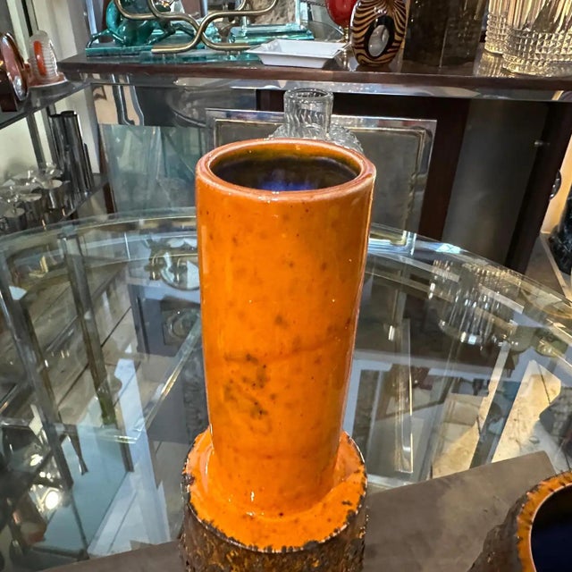 Three 1980s Modernist Orange and Black Fat Lava Ceramic German Vases For Sale - Image 6 of 12