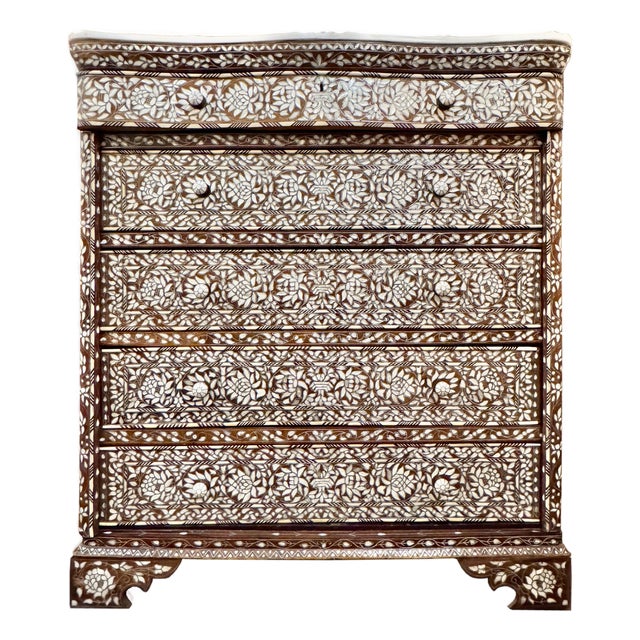 Exceptional Antique Late 19th Century Mother-of-Pearl Inlaid Highboy Dresser For Sale