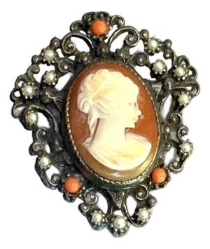 Antique Silver Tone & Coral Cameo Brooch