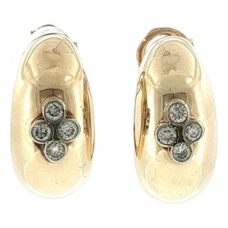 Late 20th-Century 14k Yellow Gold Polished Diamond Domed Hoop Earrings, Pair For Sale