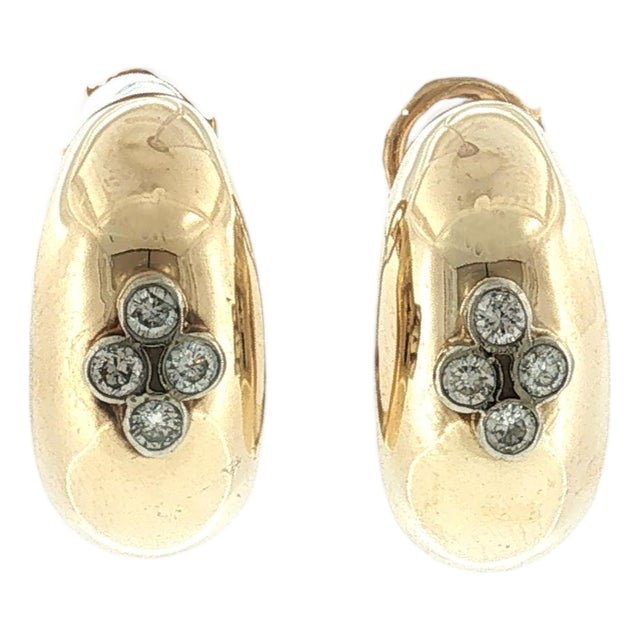 Late 20th-Century 14k Yellow Gold Polished Diamond Domed Hoop Earrings, Pair For Sale