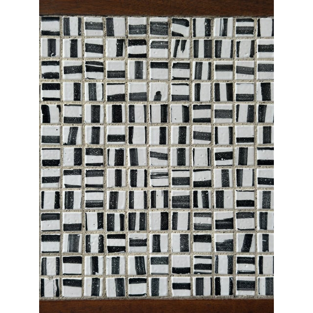 1950s Vintage Black + White Glazed Ceramic Tile Artwork in Teak Frame, Circa 1950s For Sale - Image 5 of 14