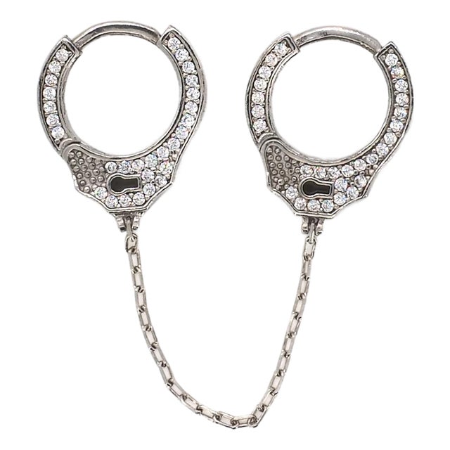 Sterling Silver & Diamond Handcuff Design Earrings For Sale