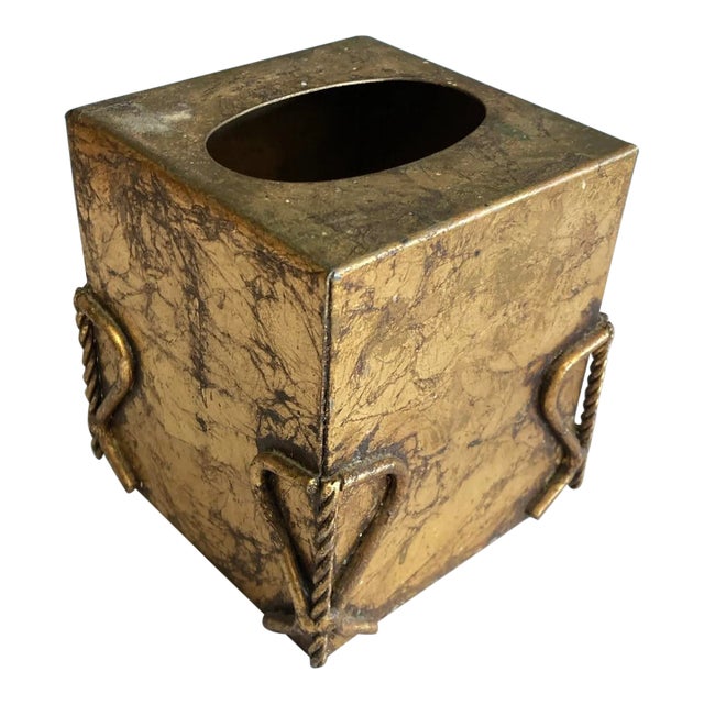 Vintage Gold Tissue Box With Twisted Metal Rope Edges For Sale