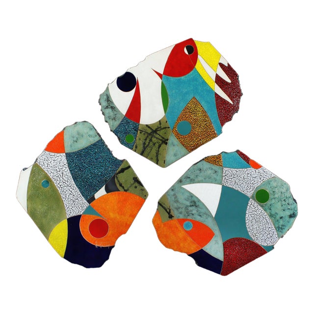 "Delightful Day" by Michael Gustavson, Raku Ceramic Triptych Wall Sculpture, Vivid Teal Orange and Navy Glaze, Contemporary California Art For Sale