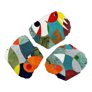 "Delightful Day" by Michael Gustavson, Raku Ceramic Triptych Wall Sculpture, Vivid Teal Orange and Navy Glaze, Contemporary California Art