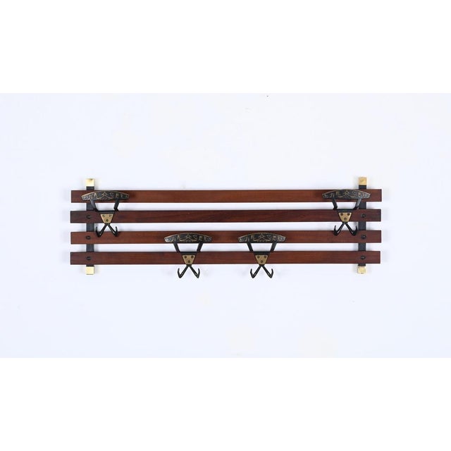 Black Italian Coat Rack in Teak, Brass and Black Enameled Iron, Italy, 1960s For Sale - Image 8 of 17