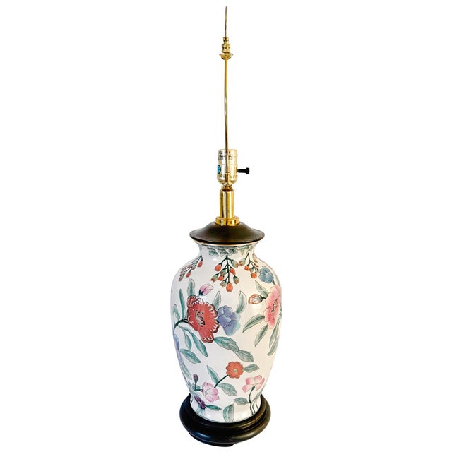 Vintage Chinoiserie Famille Rose Porcelain Table Lamps With Brass Shou Finials - a Pair For Sale - Image 13 of 15