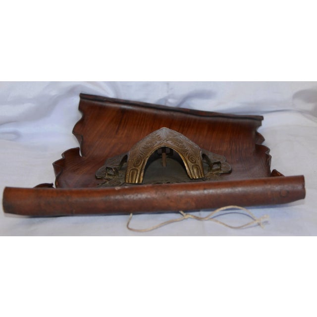 Metal Vintage Bronze Shield on Rustic Leather Scroll Wall Hanging For Sale - Image 7 of 10
