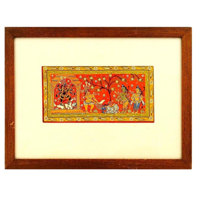 An antique Indian Madhubani Art mixed media, gouache and gold leaf, miniature painting. The artwork depicts a Religious...