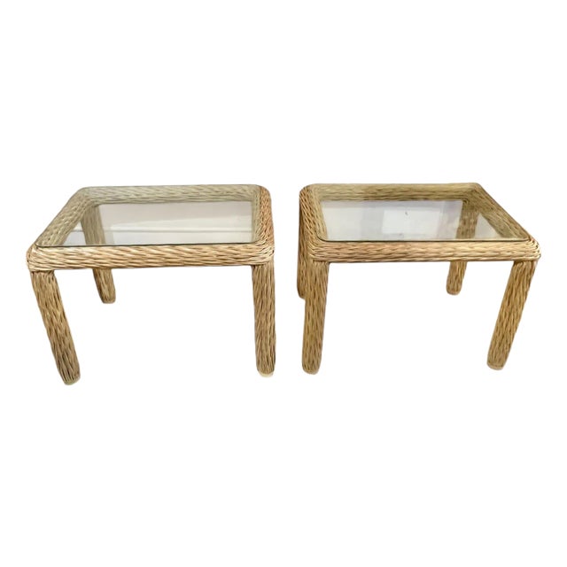 1980s Pair Vintage Gabriella Crespi Style Woven Rattan Glass Top End Tables For Sale